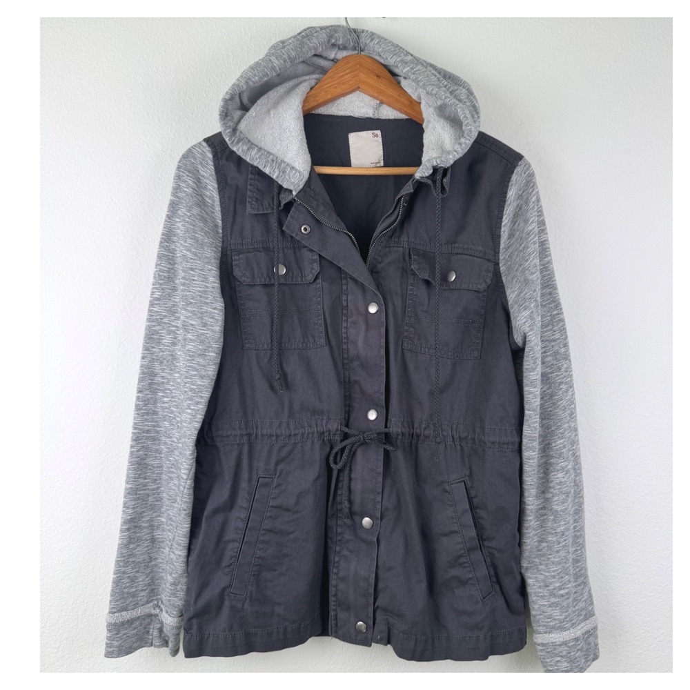 Utility Jacket Women Large Grey Excellent Casual Mixed Media Hooded Utility